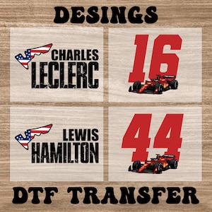 May include: Four square designs on a wood-grain background. Two squares feature the names "CHARLES LECLERC" and "LEWIS HAMILTON" with an American flag wing graphic. The other two squares display the numbers "16" and "44" with a red race car.