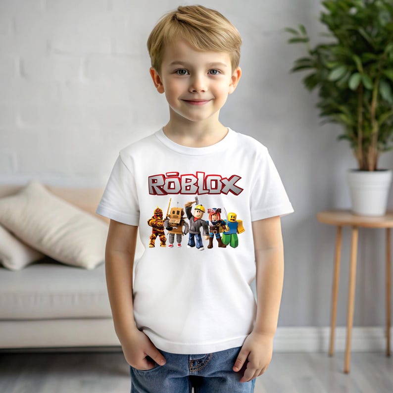May include: A white t-shirt featuring the word "ROBLOX" in red and a group of cartoon characters. The shirt is worn by a young child. The child is wearing blue jeans.
