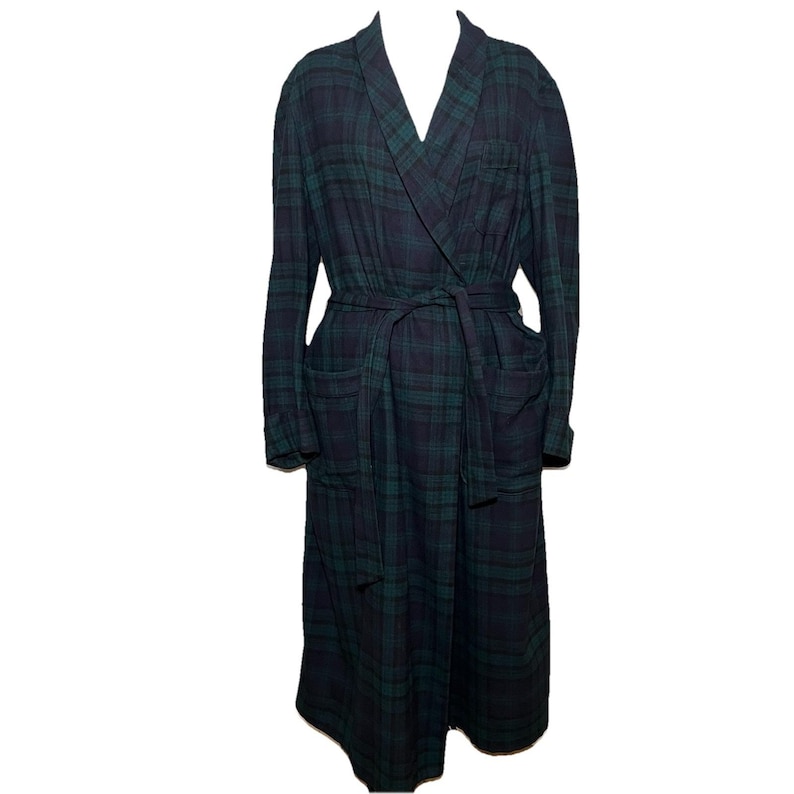 Bata de baño vintage Pendleton Mills azul verdosa con estampado de cuadros escoceses, cuello chal, fabricada en EE. UU., talla L. imagen 1