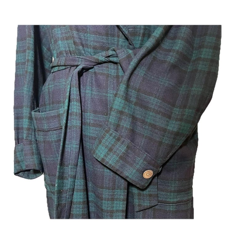 Bata de baño vintage Pendleton Mills azul verdosa con estampado de cuadros escoceses, cuello chal, fabricada en EE. UU., talla L. imagen 6