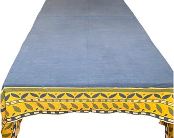 Williams Sonoma Vtg Sommer Tischdecke Marisol Blue w / Blätter Borte 200x200 Baumwolle