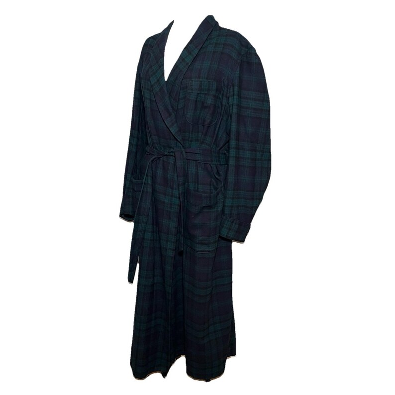 Bata de baño vintage Pendleton Mills azul verdosa con estampado de cuadros escoceses, cuello chal, fabricada en EE. UU., talla L. imagen 4