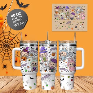 Labubu Halloween UV DTF Tumbler Wrap – Cute Spooky Monster Decal for 16oz 20oz 30oz Glass Can, Kawaii Horror Cup Sticker
