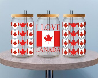 I Love Canada Cup Wrap, Canada Flag UV DTF Glass Can Decal, 16oz Tumbler Wrap, Waterproof Patriotic Wrap, Gift for Her, Gift for Mom