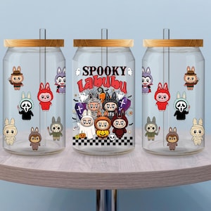 Spooky Labubu Tumbler Wrap – UV DTF Halloween Cup Sticker for 16oz Glass Can, Kawaii Labubu Decal