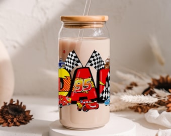 Race Car Theme Dad Gift 16oz and 20oz UV DTF Cup Wrap with Checkered Flags and Bold Racing Design