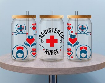 Registered Nurse Cup Wrap, UV DTF Nurse Decal, 16oz Glass Can Sticker, RN Wrap, Waterproof & Durable, Gift for Her, Gift for Mom