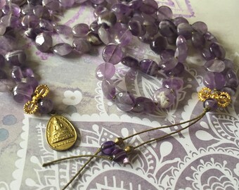 amethyst coin mala with brass finish
