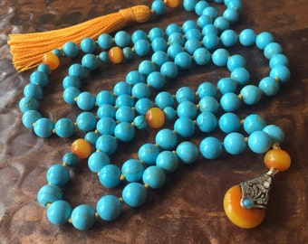 Amber and turquoise mala -108 beads hand knotted