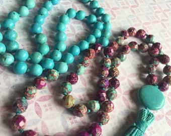 mardigras mala in turquoise howlite and purple jasper