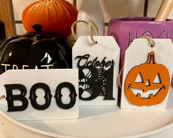 Set of 3 Halloween wooden Tag set/ Painted Tags/ Halloween Tiered Tray/ Home Decor/ Halloween Decor/ Pumpkin/ Boo/ 31st/ Black/ Orange