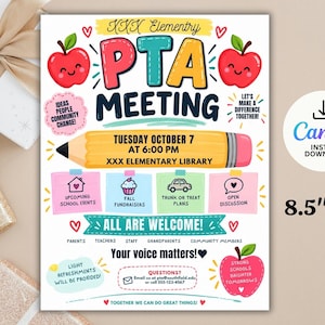May include: A colorful PTA meeting flyer for XXX Elementary featuring red apple illustrations, a yellow pencil graphic, and text detailing a Tuesday October 7 meeting at 6:00 PM in the school library. The 8.5 inch by 11 inch document includes event sections.