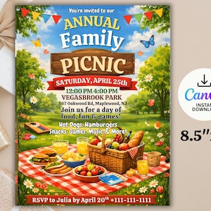 Op de afbeelding: Een kleurrijke uitnodiging voor een jaarlijkse familiepicknick, met een picknickmand, eten en de tekst "Annual Family Picnic". De uitnodiging is 21,59 cm x 27,94 cm groot en bevat details over de datum, tijd en locatie van het evenement.