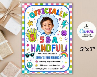 May include: A 5-inch by 7-inch birthday invitation card featuring a colorful checkered border, a central photo of a smiling child, and the text "OFFICIALLY 5 & A HANDFUL!" along with "JIMMY'S 5TH BIRTHDAY" and event details in vibrant multi-colored fonts.