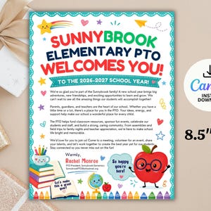 Könnte beinhalten: Ein 21,6 cm x 27,9 cm großer Willkommensflyer für die Sunnybrook Elementary PTO mit bunten schulbezogenen Grafiken wie einem Bücherstapel, einem Globus und einem lächelnden Apfel mit Brille. Der Text enthält Details zum Schuljahr und Kontaktinfos.