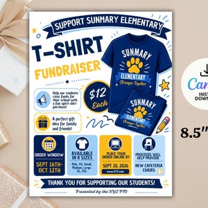 Könnte beinhalten: Ein digitaler Flyer für eine T-Shirt-Spendenaktion der Sunmary Elementary mit den Maßen 21,6 cm mal 27,9 cm. Der Flyer enthält blauen und gelben Text, Grafiken von zwei marineblauen T-Shirts mit Pfotenabdrücken sowie Angaben zu Terminen und Preisen.