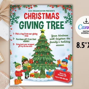 May include: A Christmas Giving Tree flyer with a green Christmas tree, children, and gift boxes. The flyer includes the text "Christmas Giving Tree" and instructions. The flyer is 8.5" x 11".