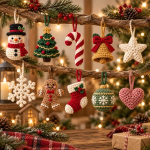 May include: A collection of ten crocheted Christmas ornaments hanging from a wooden branch, including a snowman, a Christmas tree, a candy cane, a bell, a star, a snowflake, a gingerbread person, a stocking, a bauble, and a heart.