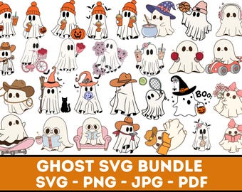 Può includere: Una collezione di illustrazioni di fantasmi dei cartoni animati in varie pose e abiti, tra cui cappelli, cappelli da cowboy e che tengono oggetti come tazze di caffè e zucche. L'immagine include il testo "GHOST SVG BUNDLE SVG - PNG - JPG - PDF".