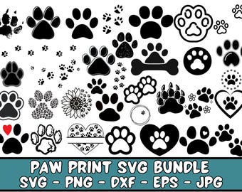 Puede incluir: Una colección de diseños de huellas de patas negras en varios estilos, incluyendo impresiones sólidas, contornos y formas de corazón. La imagen también incluye una forma de hueso y un diseño de girasol hecho de huellas. El texto "PAW PRINT SVG BUNDLE" se muestra en la parte inferior.