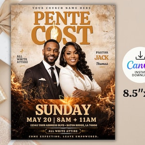 Op de afbeelding: Een flyer met de tekst "PENTE COST" in gouden letters, met een stel in formele kleding. De flyer bevat de tekst "ZONDAG 20 MEI | 8:00 + 11:00" en "ALLE WITTE KLEDING". De flyer is 21,59 cm x 27,94 cm groot.