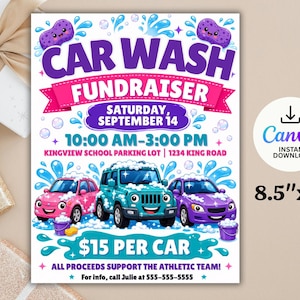 May include: A flyer for a Car Wash Fundraiser on Saturday, September 14, from 10:00 AM to 3:00 PM at the Kingview School parking lot. The design features cartoon cars, bubbles, and sponges, with text stating $15 per car and contact info.