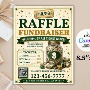 Puede incluir: Un folleto de rifa de 8,5" x 11" con un frasco de vidrio lleno de efectivo, fajos de billetes y monedas de oro. El texto dice 50/50 RAFFLE FUNDRAISER, WIN 50% OF ALL TICKET SALES, precios de boletos, un código QR y un número de teléfono.
