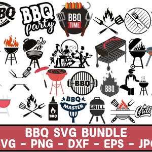 May include: A collection of 25 black and white SVG cut files for a BBQ party. The designs include grills, skewers, flames, and text such as "BBQ Party", "BBQ Time", and "BBQ Master".