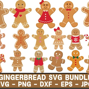 May include: A set of 13 gingerbread people SVG cut files. The gingerbread people are in various poses and have different decorations, including candy canes, bows, and hearts. The gingerbread people are all brown and have white icing details.