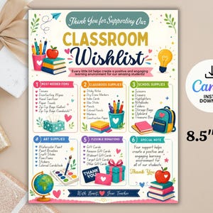 May include: A classroom wishlist flyer measuring 8.5 inches by 11 inches with the text Thank You for Supporting Our CLASSROOM Wishlist. The design features six numbered sections listing school supplies, art materials, and donation options with colorful icons.