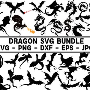 Könnte beinhalten: Ein digitales Download-Paket mit 25 schwarzen und weißen Drachen-SVG-Dateien. Die Dateien sind perfekt zum Basteln, Schneiden und Gestalten von Projekten. Das Paket enthält die Formate SVG, PNG, DXF, EPS und JPG.