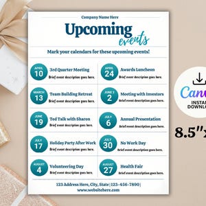 May include: A white 8.5" x 11" Canva template with a teal and navy blue design, listing upcoming events. The template includes dates, event names, and space for brief descriptions. The background is a light tan color.