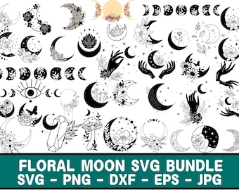 May include: Black and white floral moon SVG bundle. The image features various crescent moon designs with floral and crystal accents, hands, and phases of the moon. The text "FLORAL MOON SVG BUNDLE" is displayed at the bottom.