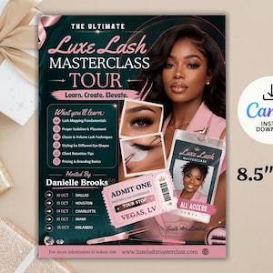 Puede incluir: Un folleto para The Ultimate Luxe Lash Masterclass Tour presentado por Danielle Brooks. El diseño presenta un fondo verde azulado oscuro, texto rosa e imágenes de aplicaciones de pestañas. Incluye un boleto Admit One, un pase y texto de 21,6cm x 27,9cm.