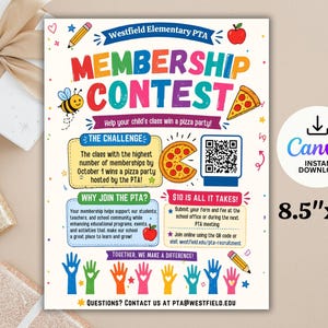 May include: A vibrant A4 flyer for a Westfield Elementary PTA membership contest. The design features illustrations of a pizza, bee, apple, and pencil. Text promotes the contest, with a pizza party as the prize.