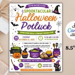 Redigerbar Halloween-flygblad med knytkalas, inbjudan till uppskattningslunch, Canva