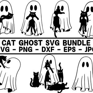 幽霊と黒猫の SVG、かわいいハロウィーンの SVG、ブーの SVG、不気味な黒猫の SVG、面白い幽霊のクリップアート、Cricut 用のファイル、シルエット ファイル、ベクター