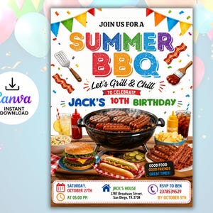 May include: A vibrant invitation for a summer BBQ, with the words "Summer BBQ" and "Let's Grill & Chill". The design includes illustrations of grilled food, condiments, and drinks. It's for Jack's 10th birthday, with date, time, and location details.