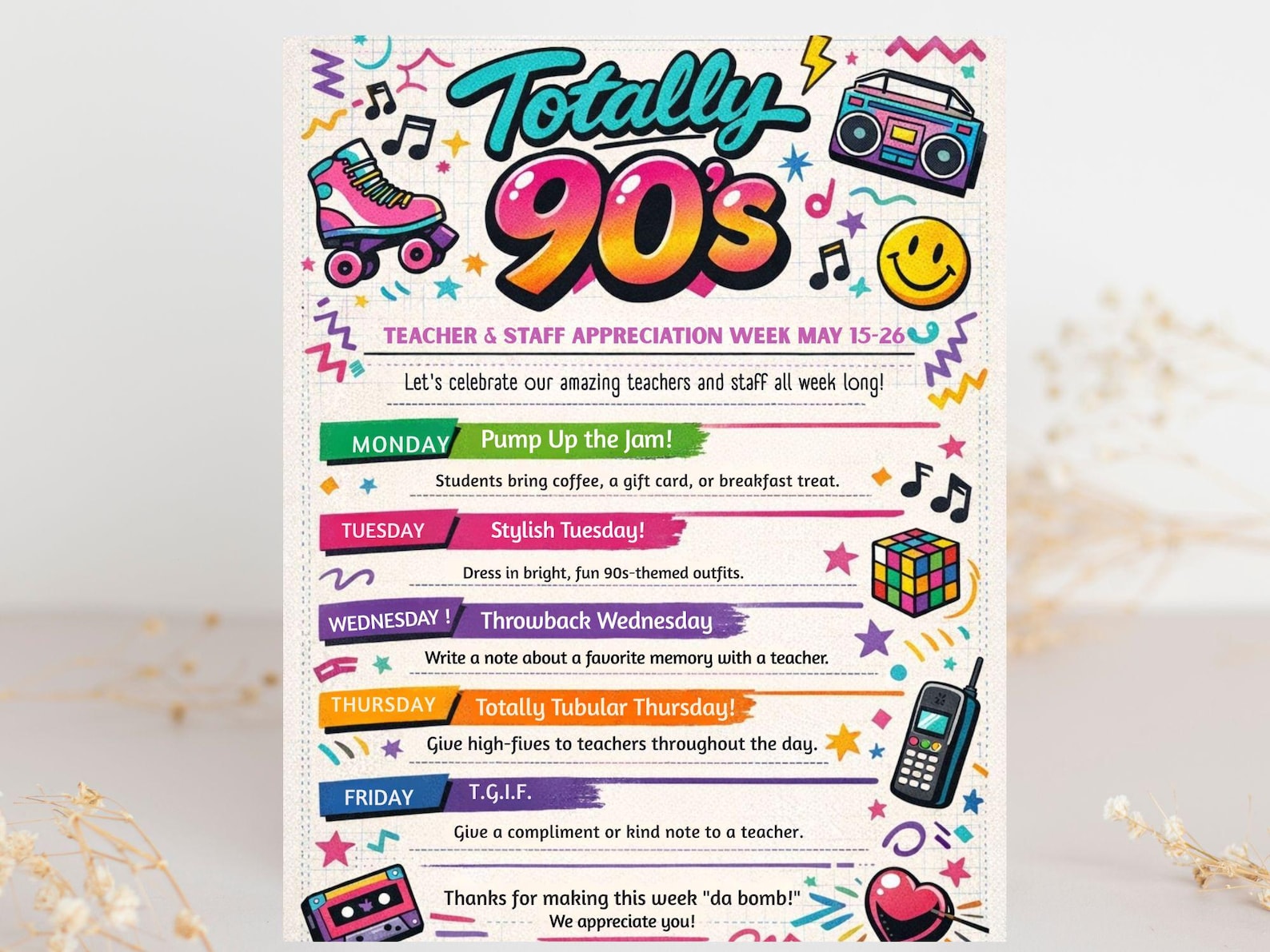 80s 90s Theme Teacher Appreciation Week Itinerary Take Home Flyer ...