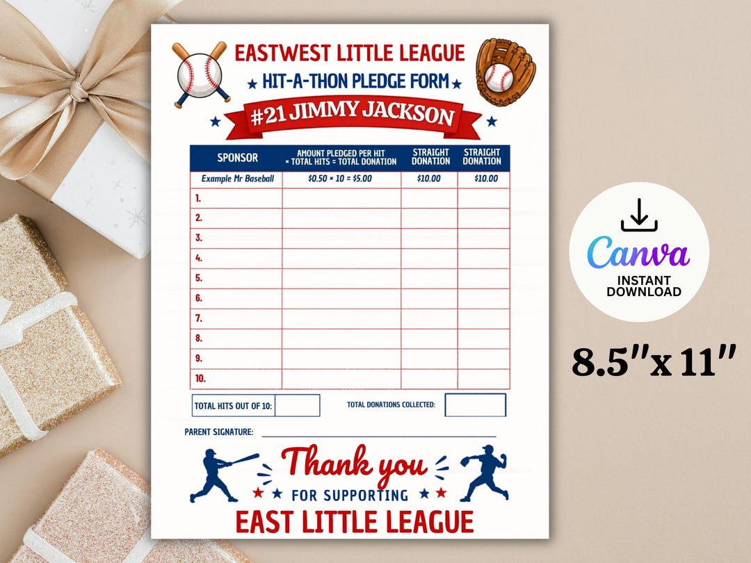 Baseball Hit-a-thon Pledge Sheet: Editable Team Fundraiser (canva ...