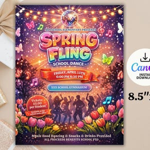 Peut inclure: Affiche colorée pour une soirée dansante scolaire Spring Fling, avec une boule disco, des papillons et des notes de musique. L'affiche comprend le texte "Spring Fling School Dance" et les détails de l'événement. L'affiche mesure 21,6 cm x 27,9 cm et est disponible en téléchargement instantané.