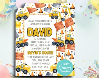 May include: A colorful invitation with a construction theme. The invitation features the name "DAVID" in large yellow letters, along with details about a second birthday party. The design includes illustrations of construction vehicles, bricks, and traffic cones.