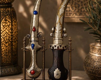 Vintage Islamic Moroccan Khanjar Authentic Handcrafted Berber Engraved Dagger - Wooden Handle - Collectible Middle Eastern Metallic Knife