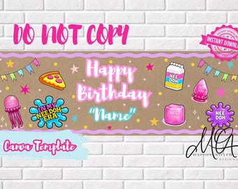 Squish feest verjaardag banner bewerkbare canvassjabloon | Kleurrijk zintuiglijk themafeestdecoratie | Trendy groovy verjaardagsachtergrond digitale download