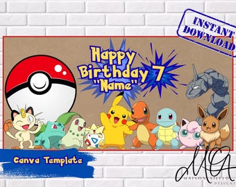 Banner di compleanno a tema Pokémon, modello modificabile, download digitale immediato.