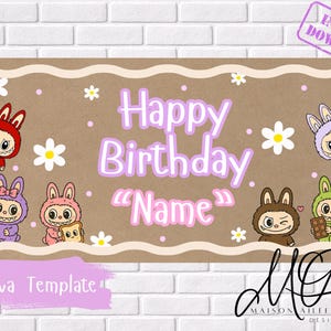 Può includere: Un banner marrone con le parole "Happy Birthday Name" in viola e rosa, circondato da coniglietti e margherite dei cartoni animati. Il banner ha un bordo decorativo e le parole "Canva Template".