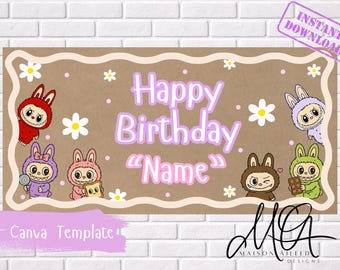 Striscione di compleanno Labubu, personalizzabile con nome ed età, decorazione per feste (download digitale)