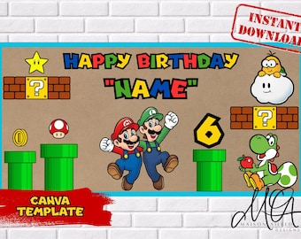 Plantilla editable para pancarta de cumpleaños de Mario y Luigi / Nombre y edad personalizados / Descarga instantánea /
