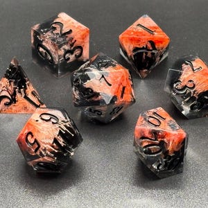 Hellfire Orange & Black Transparent Handmade Resin Sharp-Edge Dice Set DnD