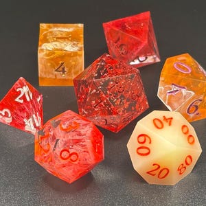 Mixed Reds & Oranges Handmade Resin Sharp-Edge 7-piece Dice Set DnD